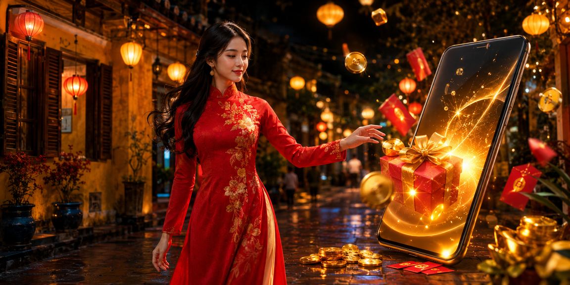 Cô gái mặc áo dài Hội An cầm phong bì đỏ nhận thưởng khi đăng ký tài khoản pc1